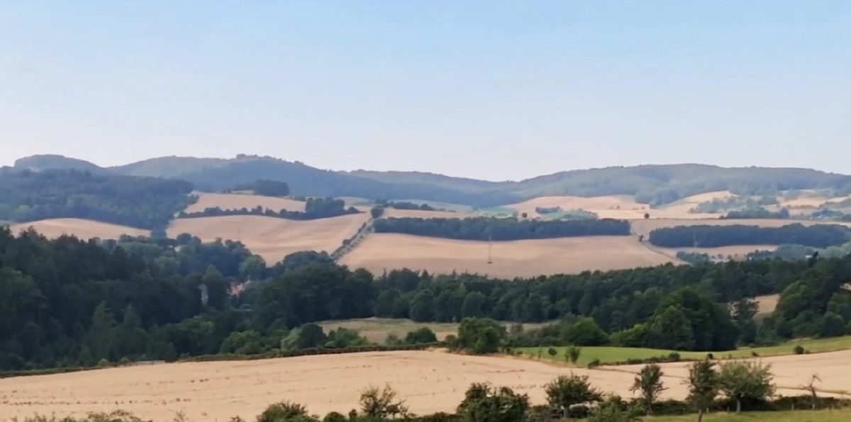 Blick vom Bembelgarten über Felder und die bewaldeten Hügel des Spessarts